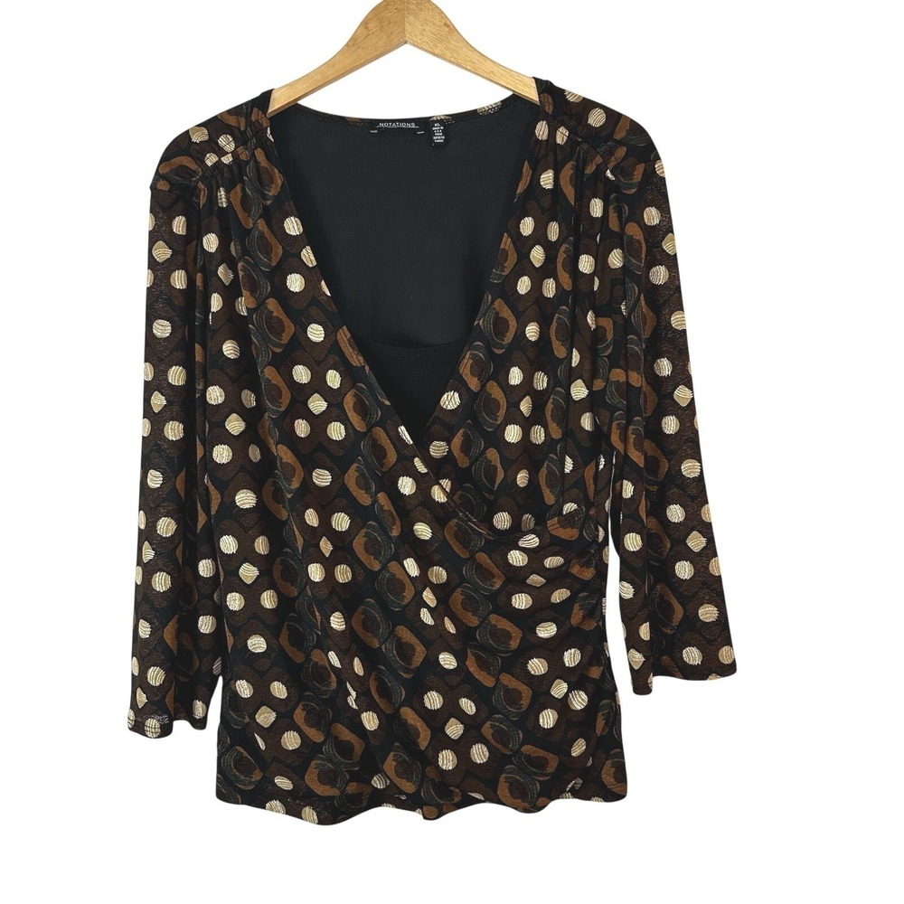 Vintage Notations Faux Wrap Top Womens XL Stretch Hippie 3/4 Sleeve Stretch Goth